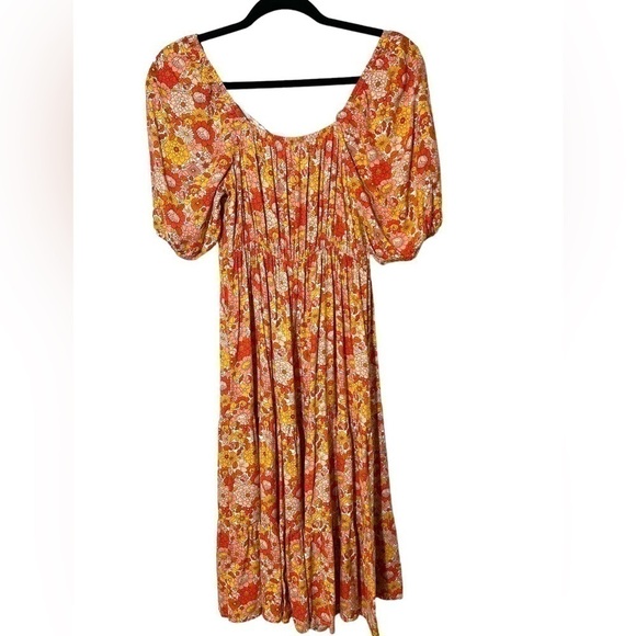 Orange Retro Floral Puff Sleeve Tiered Peasant Midi Dress CinchTie Front Small - Picture 6 of 7